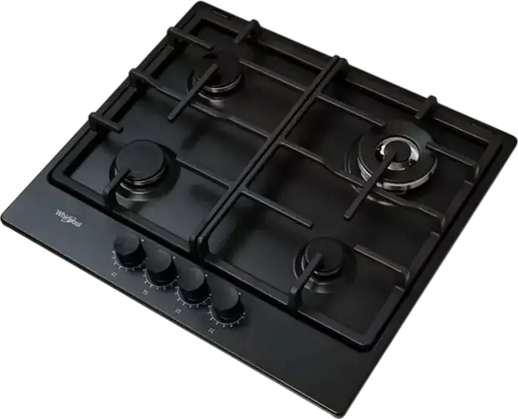 Газовая варочная панель Whirlpool TKRL 661 NB для встраивания, 4 конфорки с мощным двойным горелком 3.5 кВт, чугунные решетки, эмаль, черный, 58x51 см