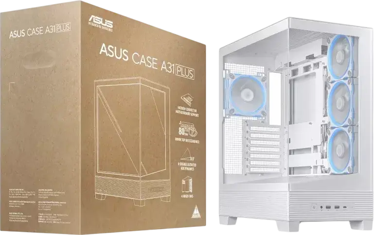 ASUS A31 PLUS TG ARGB Mid Tower ATX Case, White, Tempered Glass Panoramic Side Panel, 4x ARGB Fans, 360mm Radiator Support, 380mm GPU Max, ATX/mATX/ITX