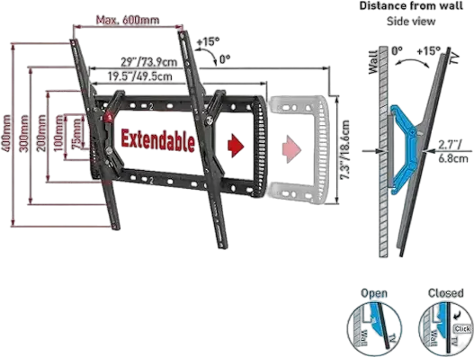 Barkan BM410T Tilt Adjustable-Width TV Wall Mount for 13-90 inch Screens, VESA Compatible, 60kg Max Load, Auto-Locking Mechanism, Black Metal