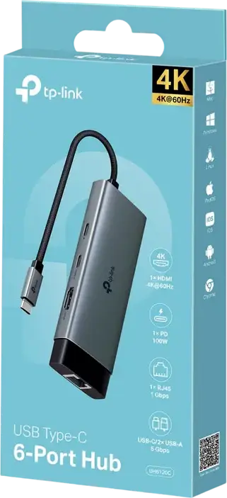 Hub TP-Link UH6120C 6-în-1 USB Type-C, HDMI 4K@60Hz, Ethernet Gigabit RJ45, Power Delivery PD 100W, 2x USB 3.0, Carcasă Aliaj Aluminiu, Argintiu