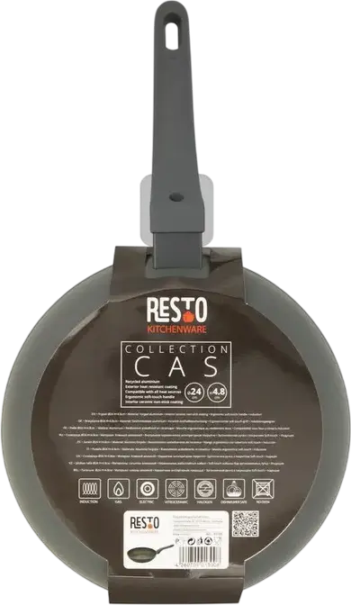 Tiga din Aluminiu Resto 93193 Colecția CAS, Strat Antiaderent PFLUON, Maner Bakelit, Compatibila cu Inductie si Cuptor, Materiale Reciclate, 24 cm, Neagra