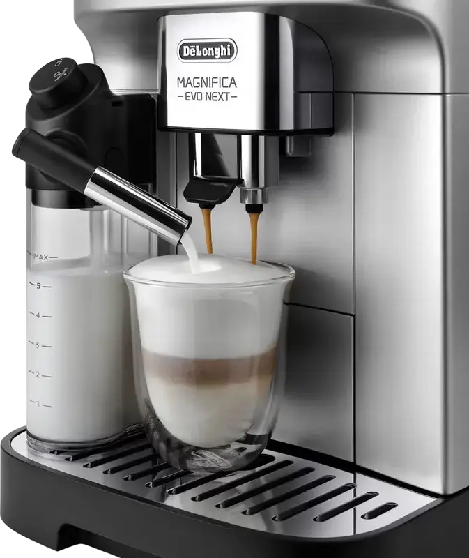 DeLonghi Magnifica Evo Next ECAM 310.80 SB Automatic Coffee Machine, 15 Bar, 1.8L Tank, LatteCrema System, Color TFT Display, Stainless Steel, Black/Silver