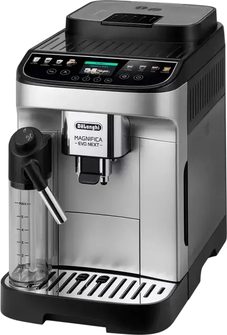 DeLonghi Magnifica Evo Next ECAM 310.80 SB Automatic Coffee Machine, 15 Bar, 1.8L Tank, LatteCrema System, Color TFT Display, Stainless Steel, Black/Silver