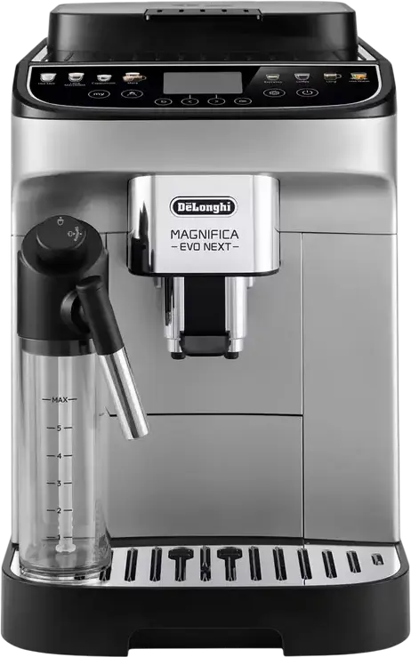 DeLonghi Magnifica Evo Next ECAM 310.80 SB Automatic Coffee Machine, 15 Bar, 1.8L Tank, LatteCrema System, Color TFT Display, Stainless Steel, Black/Silver