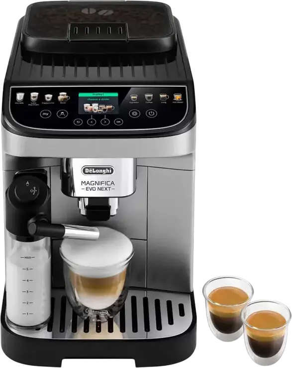 DeLonghi Magnifica Evo Next ECAM 310.80 SB Automatic Coffee Machine, 15 Bar, 1.8L Tank, LatteCrema System, Color TFT Display, Stainless Steel, Black/Silver