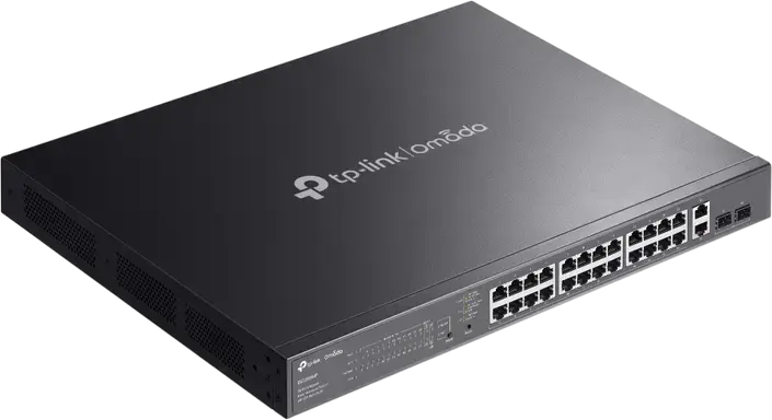 TP-Link ES228GMP Omada Easy Managed PoE Switch, 24x 10/100 Mbps PoE Ports, 2x Gigabit Uplink, 2x Gigabit SFP, 384W Power Budget, Rack Mountable