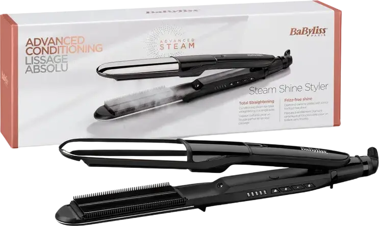 BaByliss ST496E Steam Shine Styler 2-in-1 Hair Straightener and Curler, Diamond Ceramic Plates, Ionic Function, Continuous Steam, 150-230°C