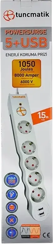 Prelungitor cu Protectie Supratensiune Tuncmatik TSK5015 PowerSurge, 5 Prize AC, 2 Porturi USB, Protectie 1050J, Cablu 1.5m, Protectie Copii, Alb