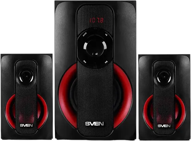 SVEN MS-304 2.1 Multimedia Speaker System, 40W RMS, Bluetooth, USB, SD, FM Radio, MDF Wood Casing, Remote Control, Black/Red