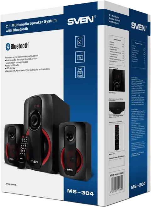 SVEN MS-304 2.1 Multimedia Speaker System, 40W RMS, Bluetooth, USB, SD, FM Radio, MDF Wood Casing, Remote Control, Black/Red
