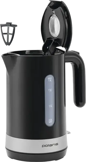 Polaris PWK 1803C Electric Kettle, 1.8L Volume, 2200W Power, Plastic Housing, Hidden Heating Element, Dry Boil Protection, Detachable Anti-calc Filter, Black