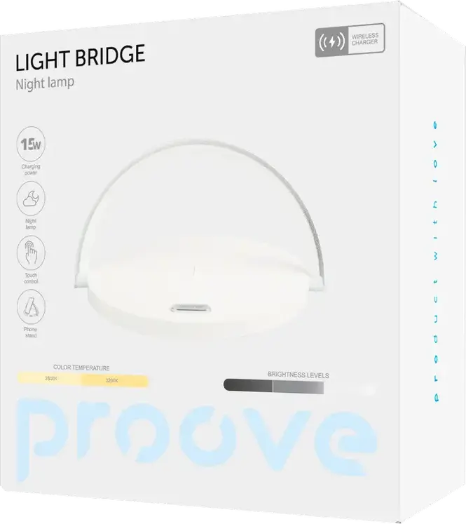 Proove Light Bridge PLLB05102002 Wireless Charging Night Lamp, 3W Warm White LED Desk Lamp with Touch Control and Smartphone Stand, White