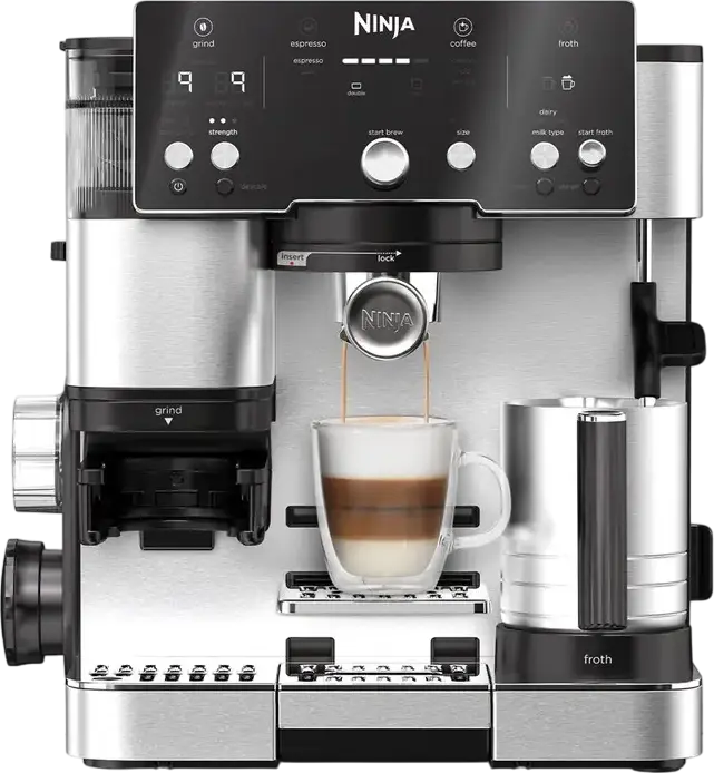 Aparat de cafea espresso semi-automat Ninja Luxe Café Essential ES501, 1650W, Pompa 14 Bar, Râșniță Integrată cu 25 de Setări, Spumare Automată Lapte, Gri