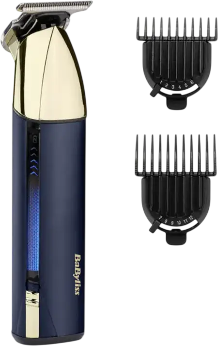 BaByliss T992E Super-X Metal Series Beard and Stubble Trimmer, Japanese Steel Wide T-Blade, Li-Ion Battery, LED Display, Waterproof Wet & Dry, Blue Gold