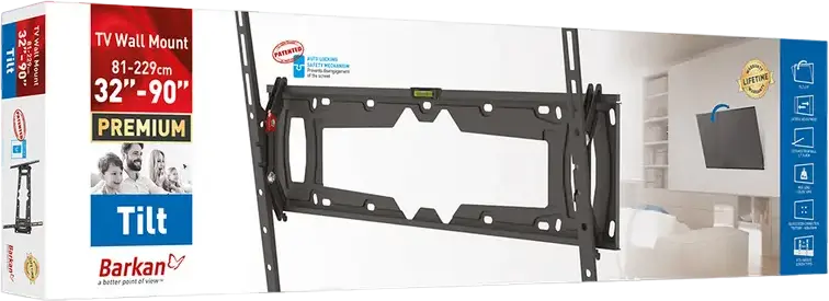 Настенный кронштейн для ТВ с наклоном Barkan E410+ для экранов 32-90 дюймов, металл, черный, нагрузка до 60 кг, VESA до 600x400 мм, автоблокировка