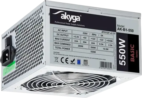 Akyga AK-B1-550 Basic ATX 2.31 Power Supply 550W, 120mm Fan, Passive PFC, 24-pin Mainboard, PCI-E 6+2 pin, SATA, Molex, Grey Galvanized Steel