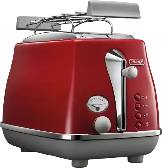 DeLonghi CTOC 2103 R Icona Capitals 2-Slot Metal Toaster, 900W, Tokyo Red, 6 Browning Levels, Defrost and Reheat Functions, Removable Crumb Tray