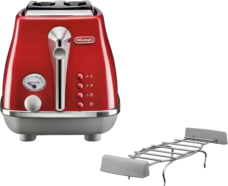 DeLonghi CTOC 2103 R Icona Capitals 2-Slot Metal Toaster, 900W, Tokyo Red, 6 Browning Levels, Defrost and Reheat Functions, Removable Crumb Tray
