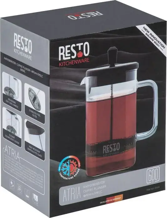 Resto 90503 ATRIA French Press Coffee Maker, 0.6L Borosilicate Glass Beaker, Black Plastic Lid and Plunger, Dishwasher Safe for Coffee and Tea