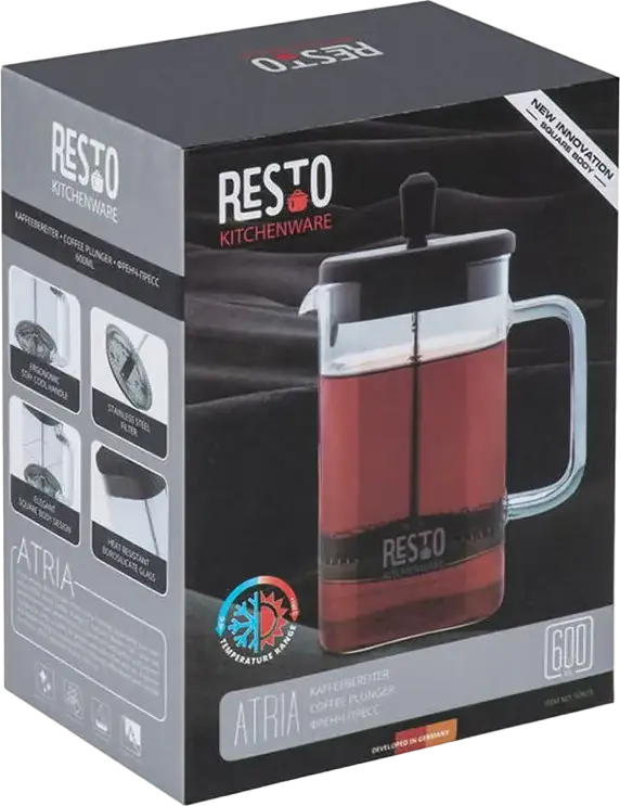Resto 90503 ATRIA French Press Coffee Maker, 0.6L Borosilicate Glass Beaker, Black Plastic Lid and Plunger, Dishwasher Safe for Coffee and Tea