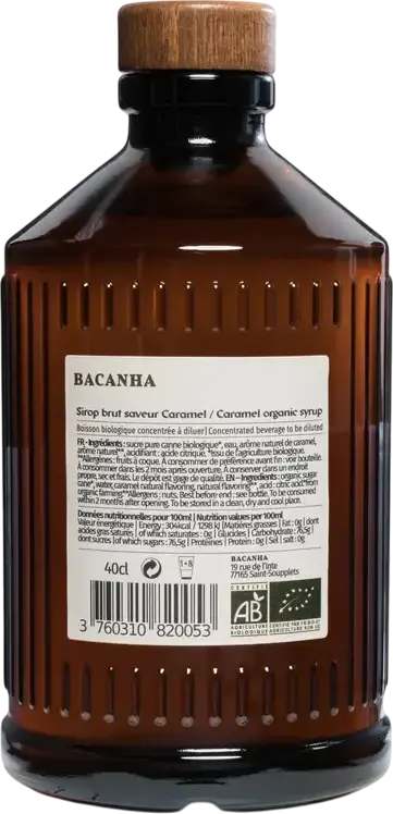 Bacanha Brut Organic Caramel Syrup, Artisanal Natural Flavor for Coffee and Cocktails, Glass Bottle, 400 ml