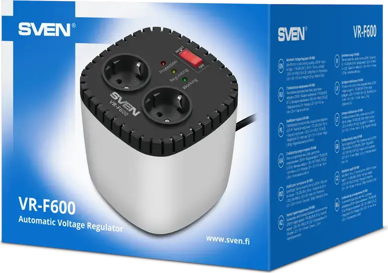 Stabilizator de Tensiune Automat SVEN VR-F600 Monofazic cu Releu, 200W, Intrare 170-285V, Iesire 230V, Protectie Supratensiune, Protectie Termica, Alb