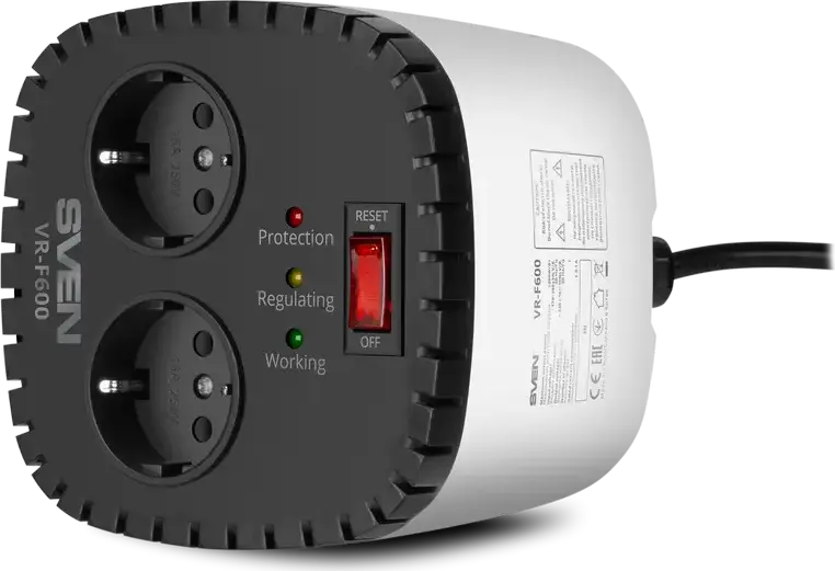 Stabilizator de Tensiune Automat SVEN VR-F600 Monofazic cu Releu, 200W, Intrare 170-285V, Iesire 230V, Protectie Supratensiune, Protectie Termica, Alb