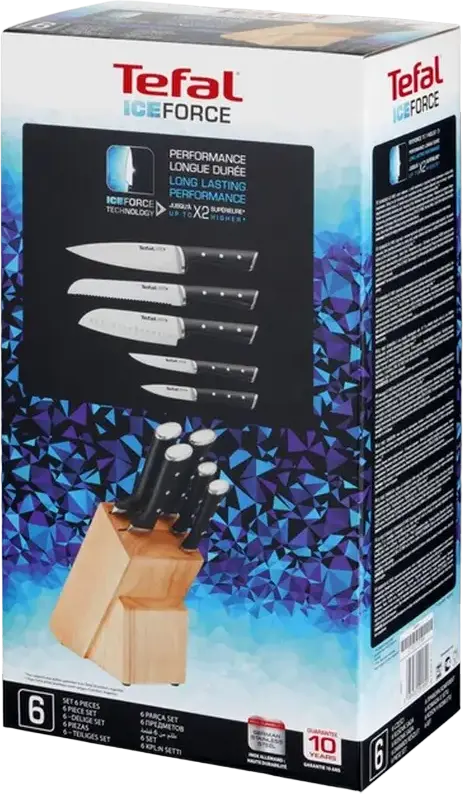 Set Cuțite Tefal Ice Force K232S574, 6 Piese cu Bloc de Lemn, Lame din Oțel Inoxidabil German Răcite la -120°C, Mânere Negre, Garanție 10 Ani