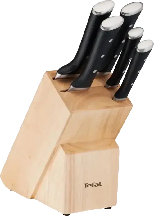 Set Cuțite Tefal Ice Force K232S574, 6 Piese cu Bloc de Lemn, Lame din Oțel Inoxidabil German Răcite la -120°C, Mânere Negre, Garanție 10 Ani