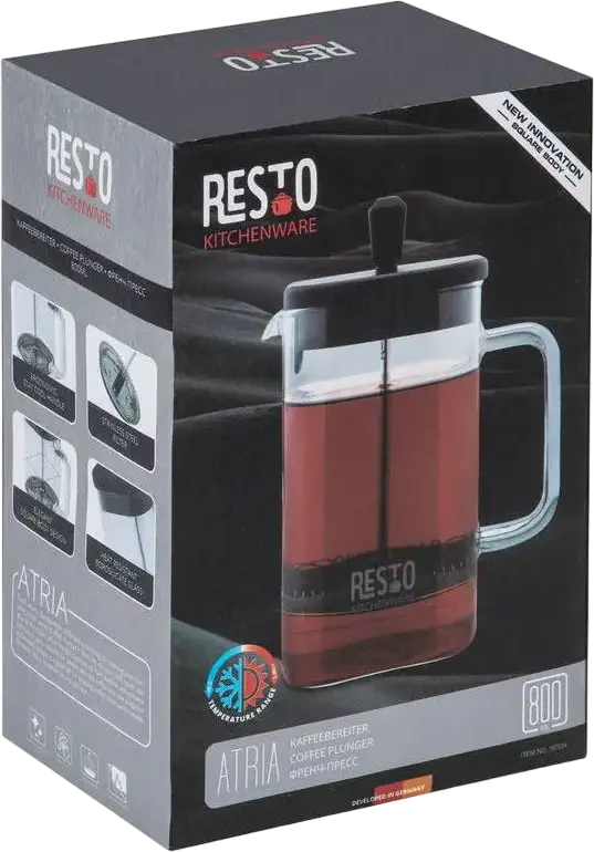 RESTO 90504 ATRIA French Press Coffee Maker, 0.8L Glass Beaker with Plunger and Filter, Transparent Glass Body, Gift Box Packaging