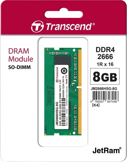 Memorie RAM Laptop Transcend JetRam JM3200HSG-8G 8GB DDR4 3200MHz PC4-25600 SO-DIMM 260-Pin, CL22, 1.2V, Unbuffered Non-ECC