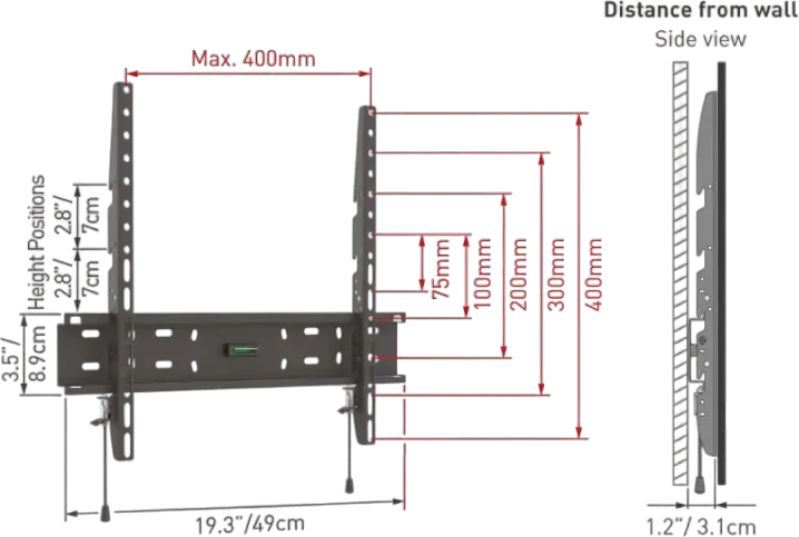 Barkan E30 Fixed TV Wall Mount for 19-65 inch Screens, VESA 75x75 to 400x400 mm, Max Load 50 kg, 31 mm Slim Profile, Black Metal, Lifetime Warranty