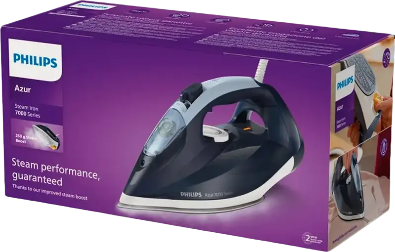 Утюг с паровым ударом Philips DST7030/20 серии Azur 7000, 2800 Вт, подошва SteamGlide Plus, резервуар 300 мл, паровой удар 250 г/мин, Quick Calc Release, темно-синий