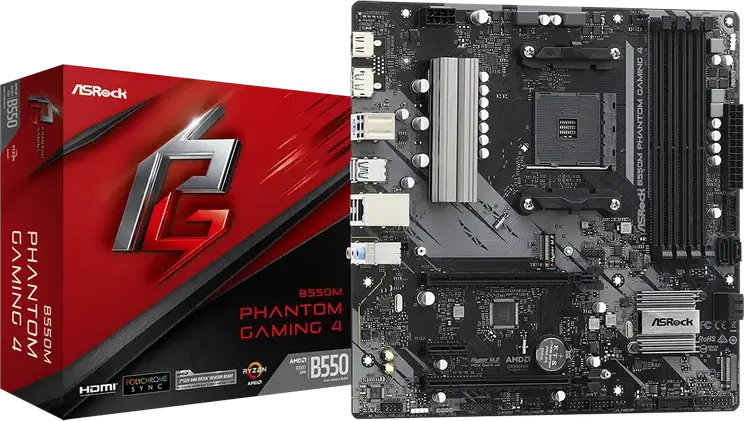 Материнская плата ASRock B550M PHANTOM GAMING 4 Micro-ATX, сокет AMD AM4, чипсет B550, память DDR4 4733+(OC), PCIe Gen4 x16, Hyper M.2 NVMe, HDMI 2.1