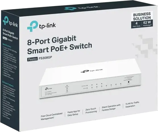 Управляемый коммутатор TP-Link Festa FS308GP Gigabit 8 портов, 4 порта PoE 802.3af/at бюджет 62 Вт, облачное управление, бесшумный металлический корпус