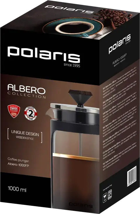 Presa pentru cafea Polaris Albero-1000FP French Press, 1 Litru, Sticlă Rezistentă la Căldură și Oțel Inoxidabil, Accente Stil Lemn, Negru, Compatibilă cu Mașina de Spălat Vase
