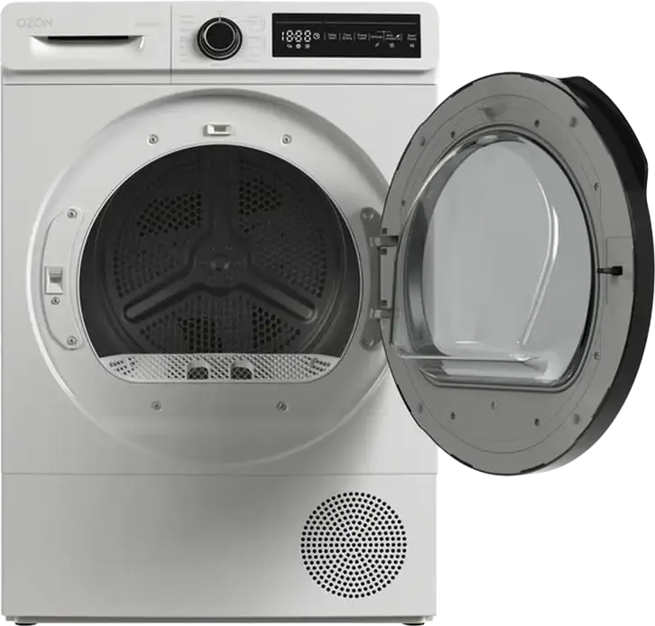 Uscător de rufe cu pompă de căldură OZON DO8PC5GDI, cu condensare, freestanding, capacitate 8 kg, 9 programe, afișaj LCD, alb cu ușă neagră