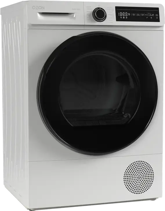 Uscător de rufe cu pompă de căldură OZON DO8PC5GDI, cu condensare, freestanding, capacitate 8 kg, 9 programe, afișaj LCD, alb cu ușă neagră