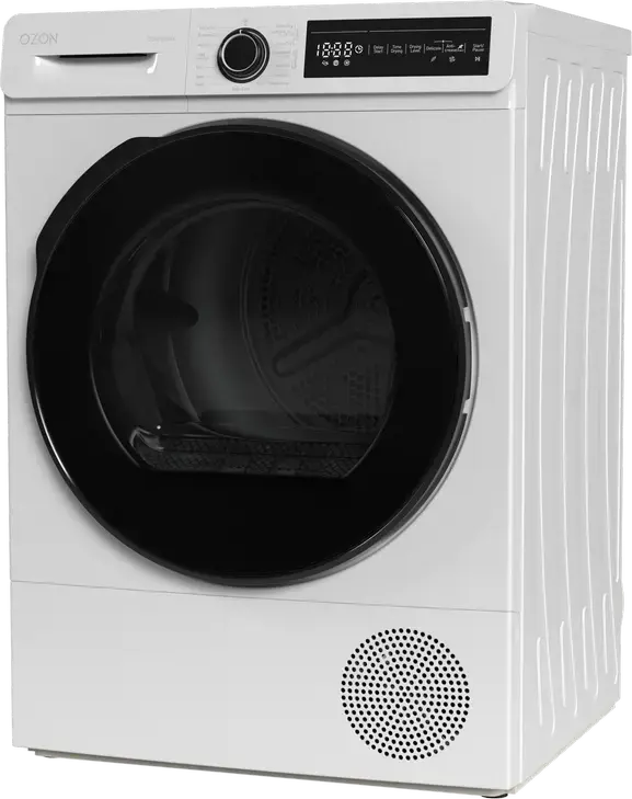 Uscător de rufe cu pompă de căldură OZON DO8PC5GDI, cu condensare, freestanding, capacitate 8 kg, 9 programe, afișaj LCD, alb cu ușă neagră