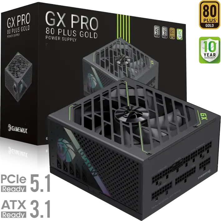 Sursă Gamemax GX PRO 1050G 1050W, 80 Plus Gold, Complet Modulară, ATX 3.1, PCIe 5.1, Conector Nativ 12V-2x6 pentru RTX 40/50, Ventilator FDB 135mm, Neagră