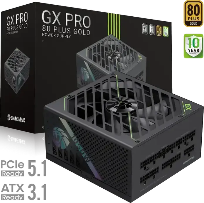 Sursă Gamemax GX PRO 1050G 1050W, 80 Plus Gold, Complet Modulară, ATX 3.1, PCIe 5.1, Conector Nativ 12V-2x6 pentru RTX 40/50, Ventilator FDB 135mm, Neagră
