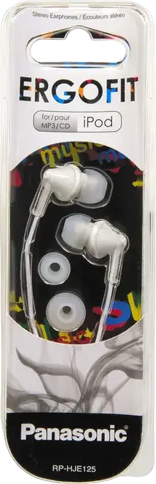 Panasonic RP-HJE125 ErgoFit In-Ear Wired Headphones, White, 10mm Dynamic Driver, Noise Isolating Ergonomic Design, 3.5mm Mini-jack, 10Hz-24kHz, 1.1m Cable