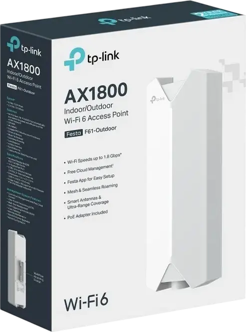 TP-Link Festa F61-Outdoor Access Point Wi-Fi 6 AX1800 Interior/Exterior, Dual-Band 1.8 Gbps, Rezistent la Apă IP67, Gigabit PoE, Mesh, Roaming Perfect, Alb