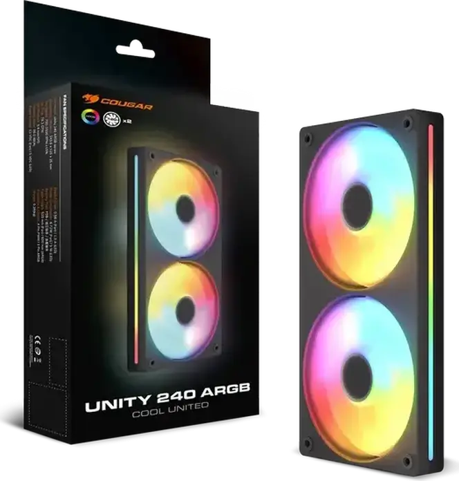 Cougar Unity240-FB ARGB Single-frame PWM Fan Unit, 2x 120mm FDB Fans, 700-2500 RPM, 78.2 CFM, 5.4 mmH2O, CF-UN240FB-RGB, Black