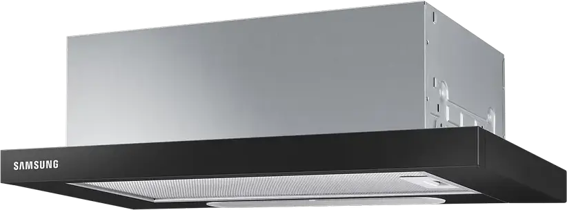 Встраиваемая телескопическая вытяжка Samsung NK24M1030IB, черная, мощность всасывания 392 м³/ч, 3 скорости, LED-освещение, алюминиевый фильтр