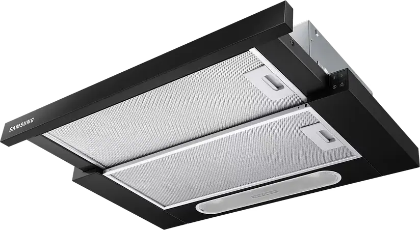 Встраиваемая телескопическая вытяжка Samsung NK24M1030IB, черная, мощность всасывания 392 м³/ч, 3 скорости, LED-освещение, алюминиевый фильтр
