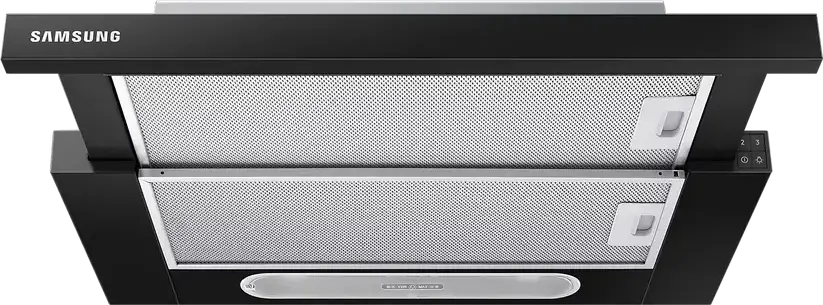 Встраиваемая телескопическая вытяжка Samsung NK24M1030IB, черная, мощность всасывания 392 м³/ч, 3 скорости, LED-освещение, алюминиевый фильтр