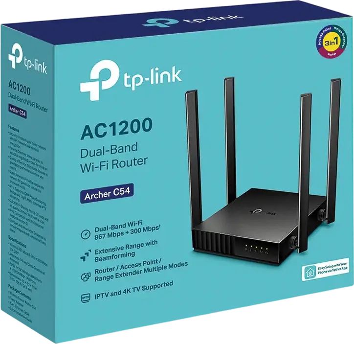 TP-Link Archer C54 AC1200 Dual-Band Wireless Router, 867 Mbps (5 GHz) + 300 Mbps (2.4 GHz), 4 Fixed Antennas, MU-MIMO, Beamforming, Router/AP/Extender Mode
