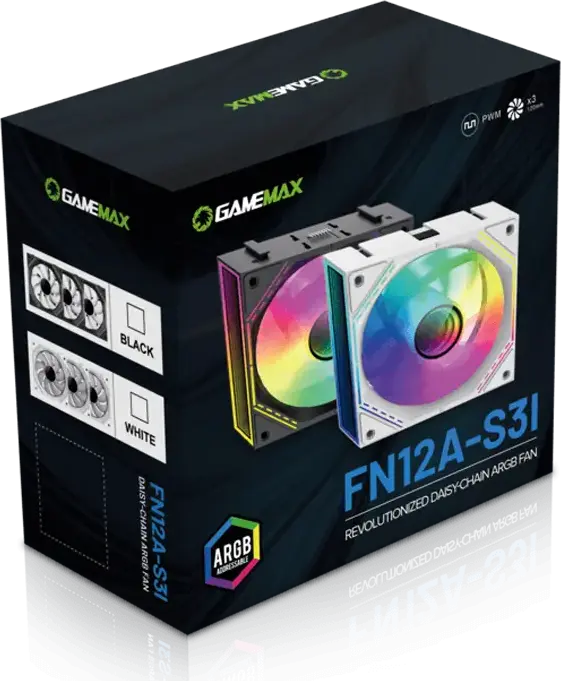 Gamemax FN12A-S3I ARGB Case Fan Kit, Black, 120mm PWM Hydraulic Bearing, 800-1600 RPM, 49.54 CFM, Infinity Mirror, 3-Pack, Aura Sync Compatible