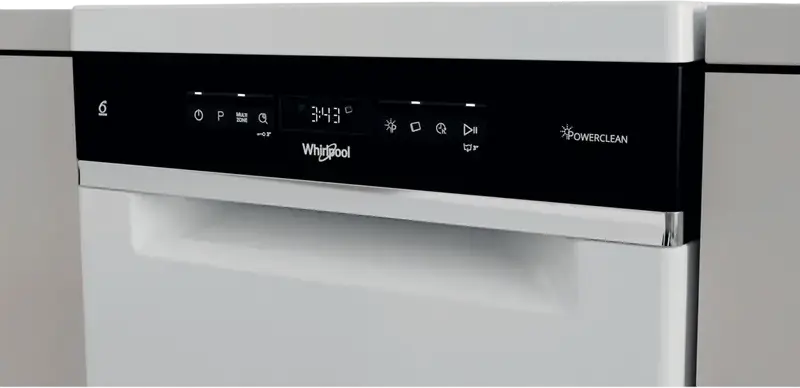 Whirlpool WSFO 3B23 P Slim Freestanding Dishwasher, 45cm Width, 10 Place Settings, 6th Sense Technology, 7 Programs, LED Display, White